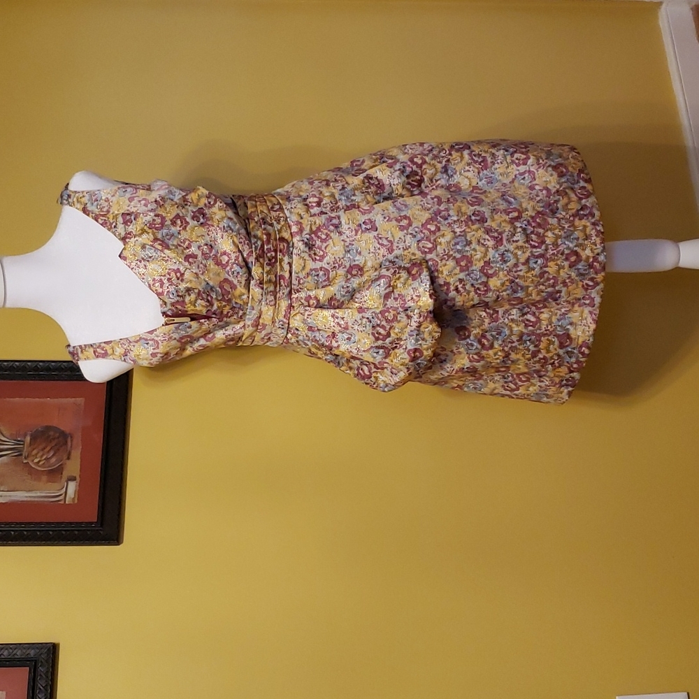 Zac Posen metallic yellow pink blue floral dress big bow zippers Size S